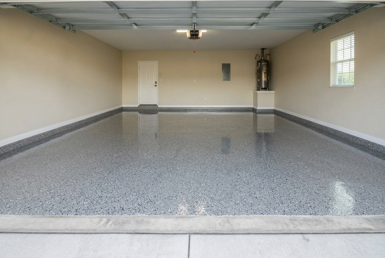 Glossy gray flake epoxy garage floor after ProCoat installation